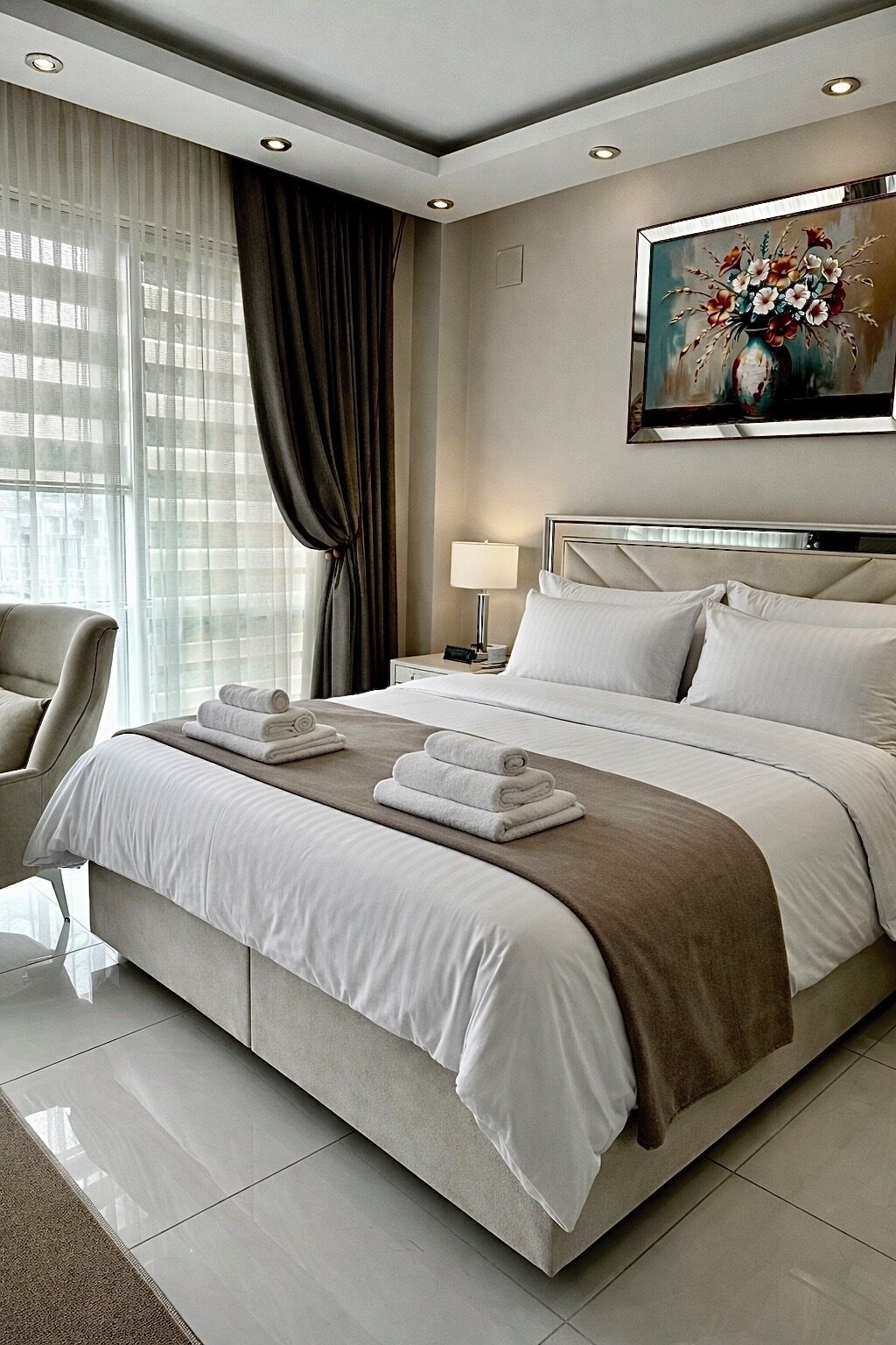 Quarto de hotel moderno com uma cama grande, uma cadeira, uma mesinha de cabeceira e um quadro na parede.