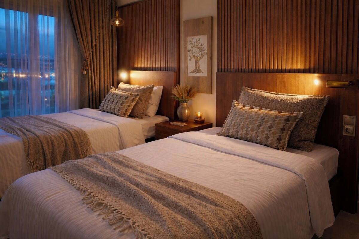 Une chambre d’hôtel avec deux lits, des têtes de lit en bois, une table de chevet avec une lampe, un vase contenant des plantes séchées et une vue sur la ville par la fenêtre.