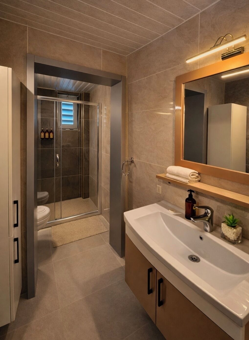 Un baño moderno con ducha, inodoro y tocador.