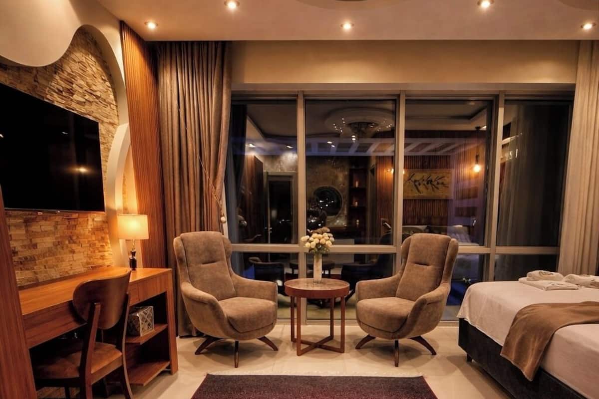 Une chambre d’hôtel équipée d’une télévision, de deux fauteuils, d’une petite table avec un vase, d’un lit et d’une grande fenêtre.