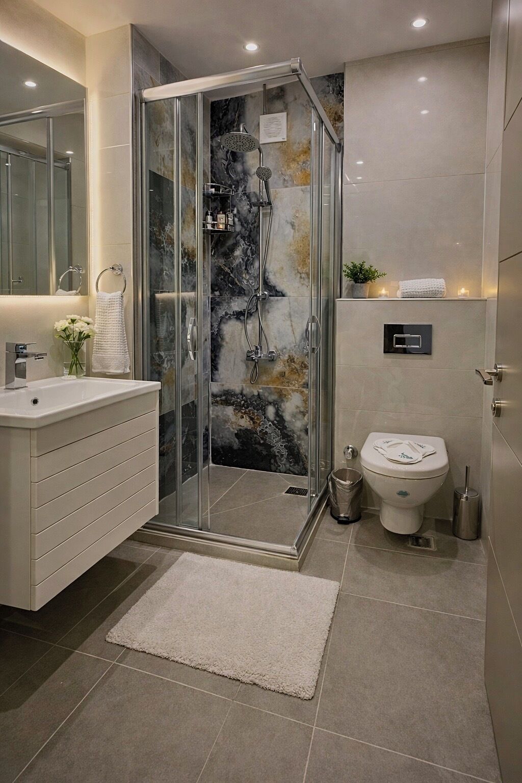 Un baño moderno con ducha acristalada, lavamanos blanco y retrete.