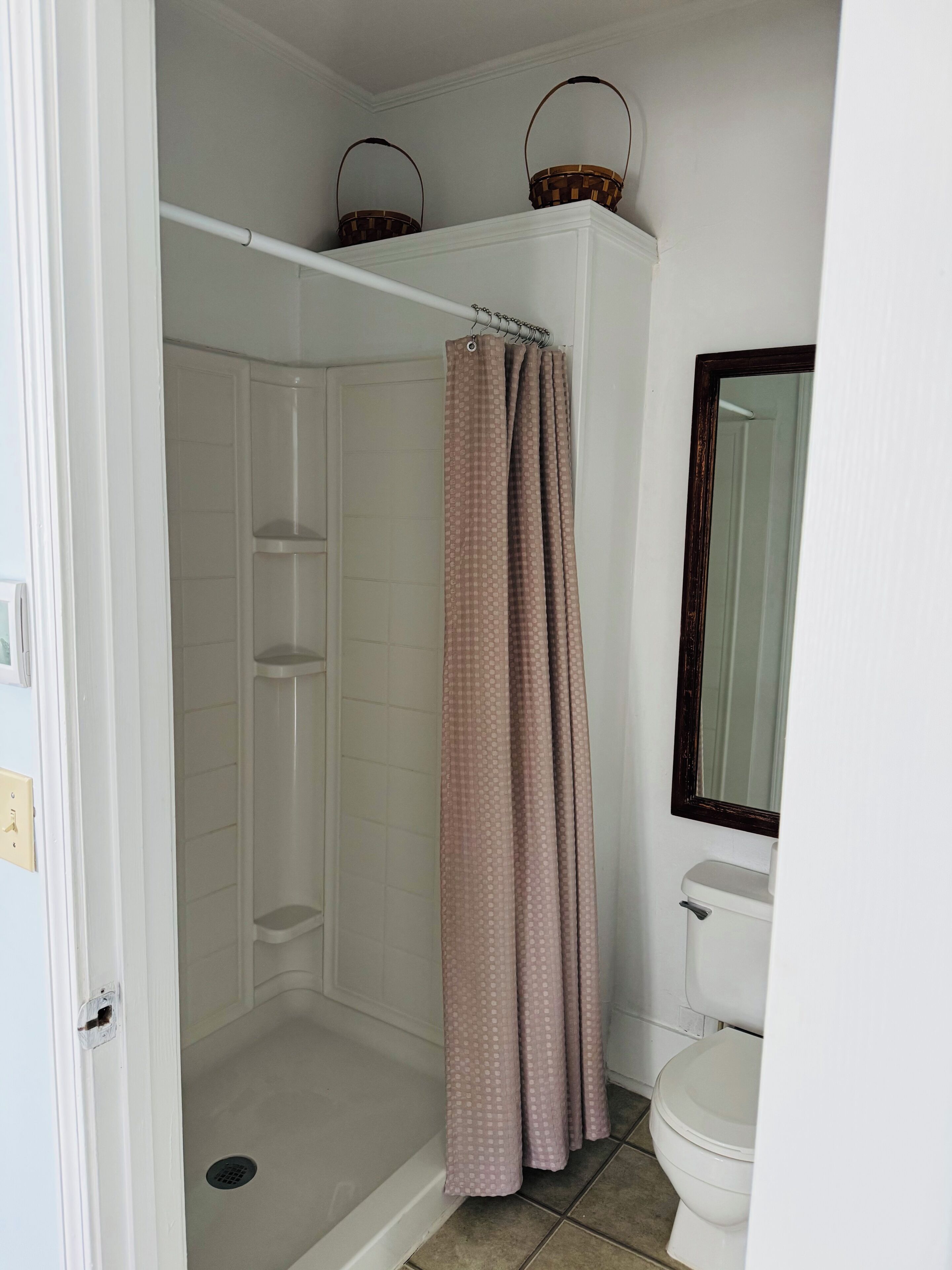 A bathroom with a shower, toilet, and a mirror.