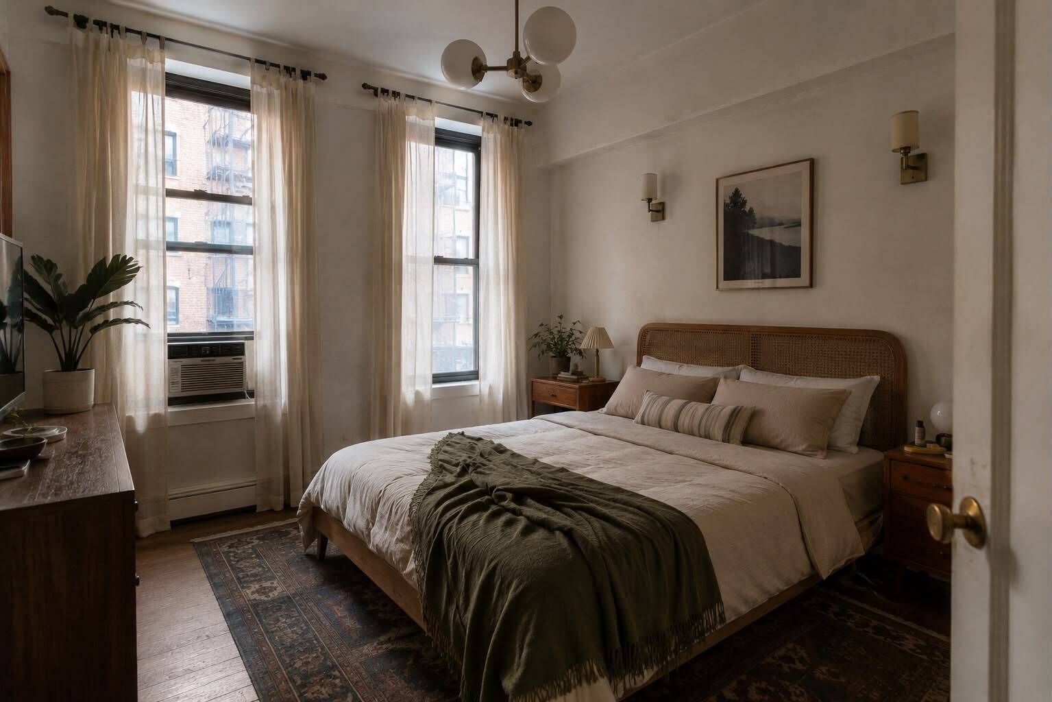 Un dormitorio con cama, mesitas de noche, una planta en maceta, una ventana con cortinas, un ventilador de techo y una lámpara de pared.