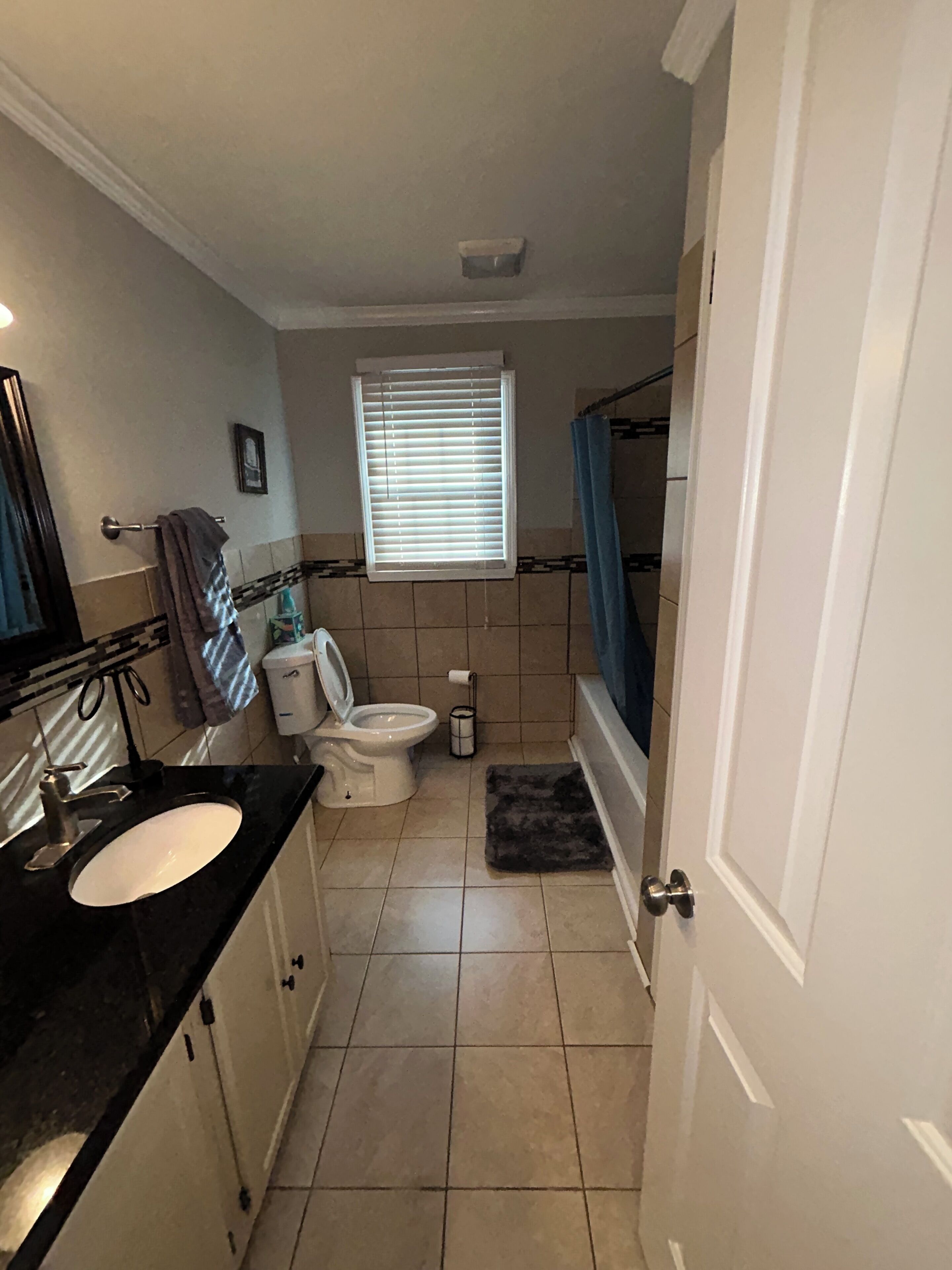 A bathroom with a toilet, sink, and shower curtain.