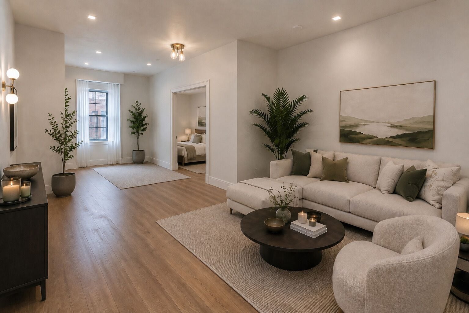 A modern living room with a sofa, coffee table, and decorative plants.