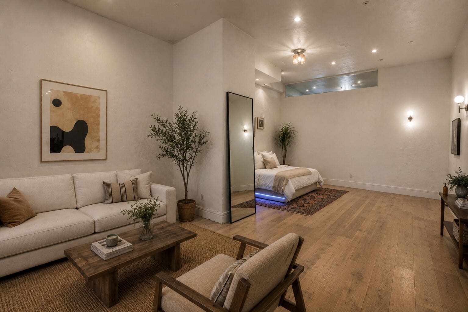 Un salon moderne avec un canapé, une table basse et un miroir qui reflète la chambre à coucher.