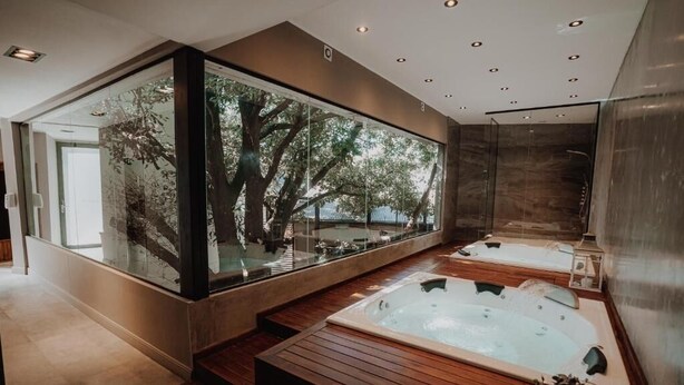 Een moderne badkamer met een glazen douchecabine, twee whirlpools en uitzicht op bomen.