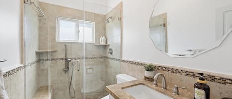 Hair dryer, bidet, towels, soap