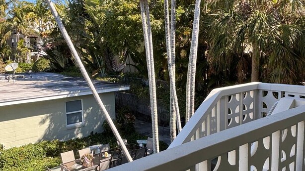 A balcony with a white railing, overlooking a residential area with palm trees and houses.
