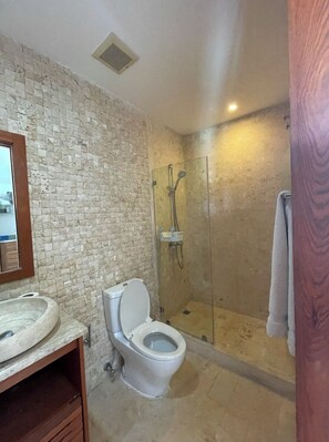 Shower, hair dryer, soap, toilet paper - Bright 2-bedroom apartment with AC in luxury Cosón beach complex (Las Terrenas)