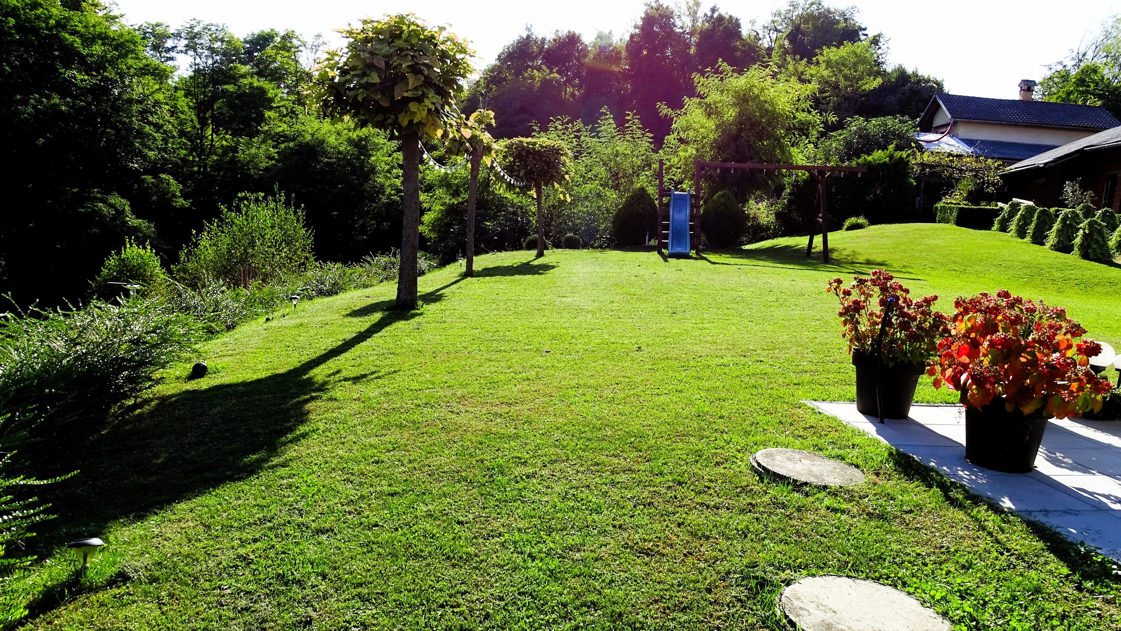 Un césped cuidado con un sendero, una pequeña zona de jardín con flores y un edificio con techo inclinado al fondo.