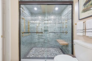 Shower, hair dryer, towels - Second floor oceanfront custom condo with spa like baths (Myrtle Beach)