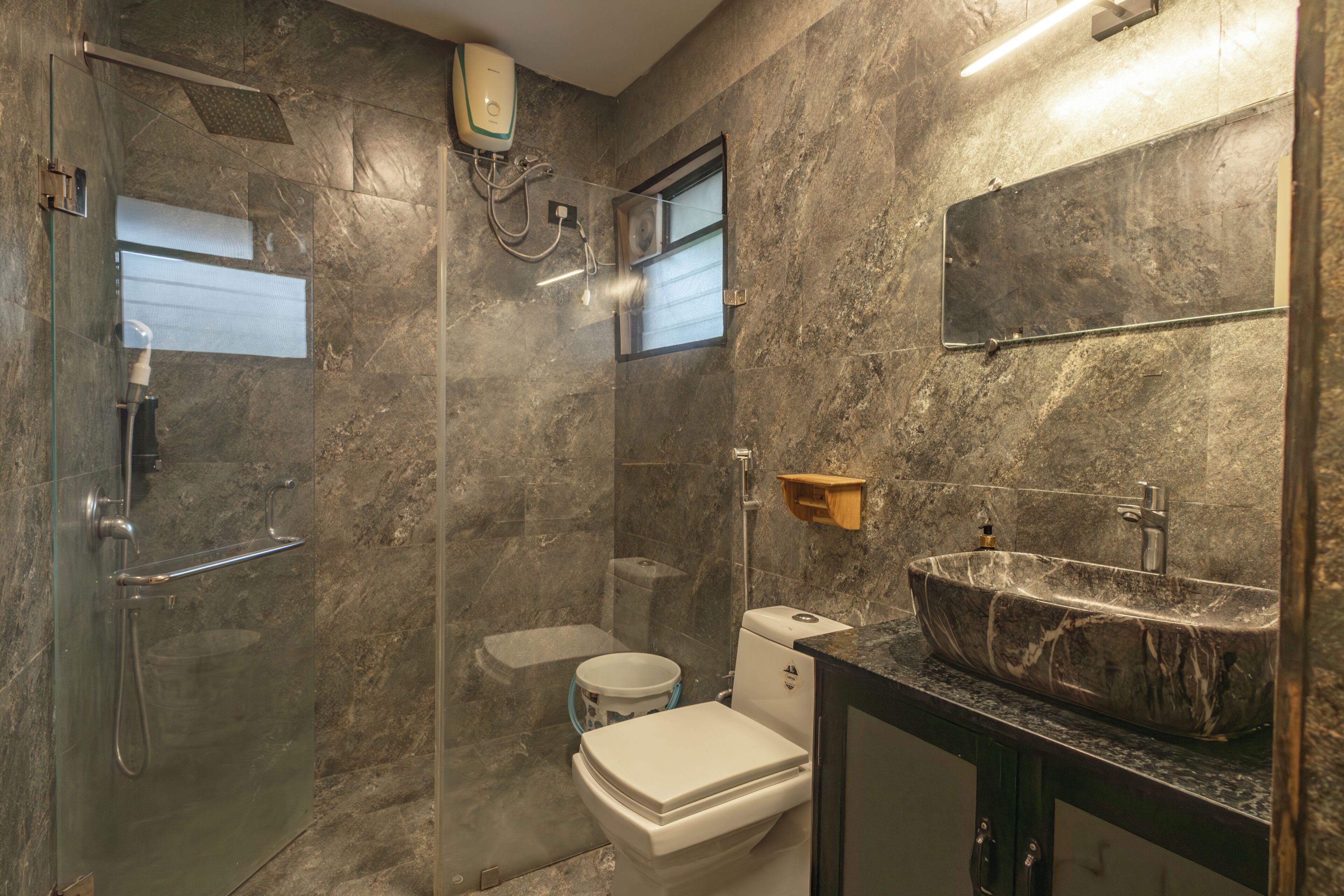 Hair dryer, towels, soap, toilet paper