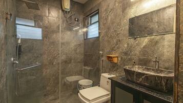 Hair dryer, towels, soap, toilet paper