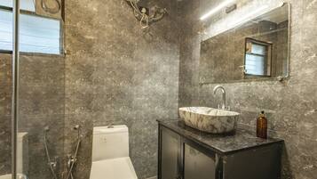Hair dryer, towels, soap, toilet paper