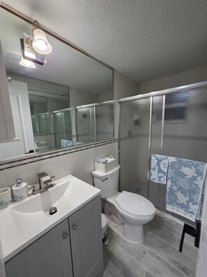 Shower, hair dryer, towels, soap
