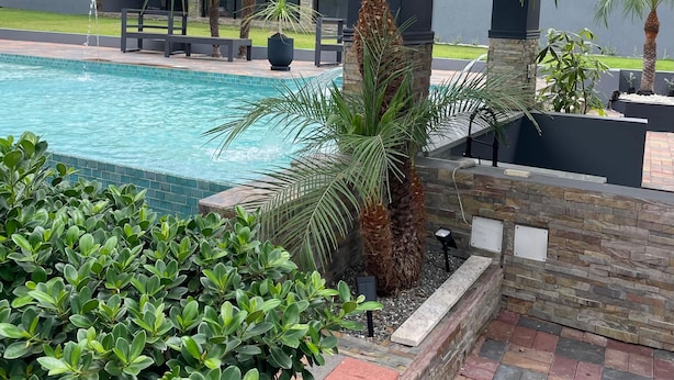 A swimming pool with palm trees and a stone wall, surrounded by a paved area. - Private Kingston 6 Villa w/ Pool, Swim-Up Bar & Outdoor Kitchen Near Liguanea (Kingston)