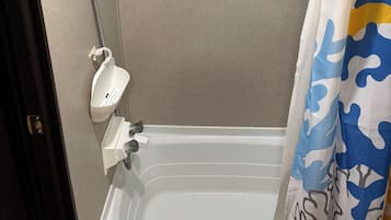 Hair dryer, towels, soap, shampoo