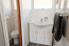 A bathroom with a white toilet, a sink with two bottles, and a towel rack. - Mt Aspiring Suite - Near Roys Peak (Wānaka)