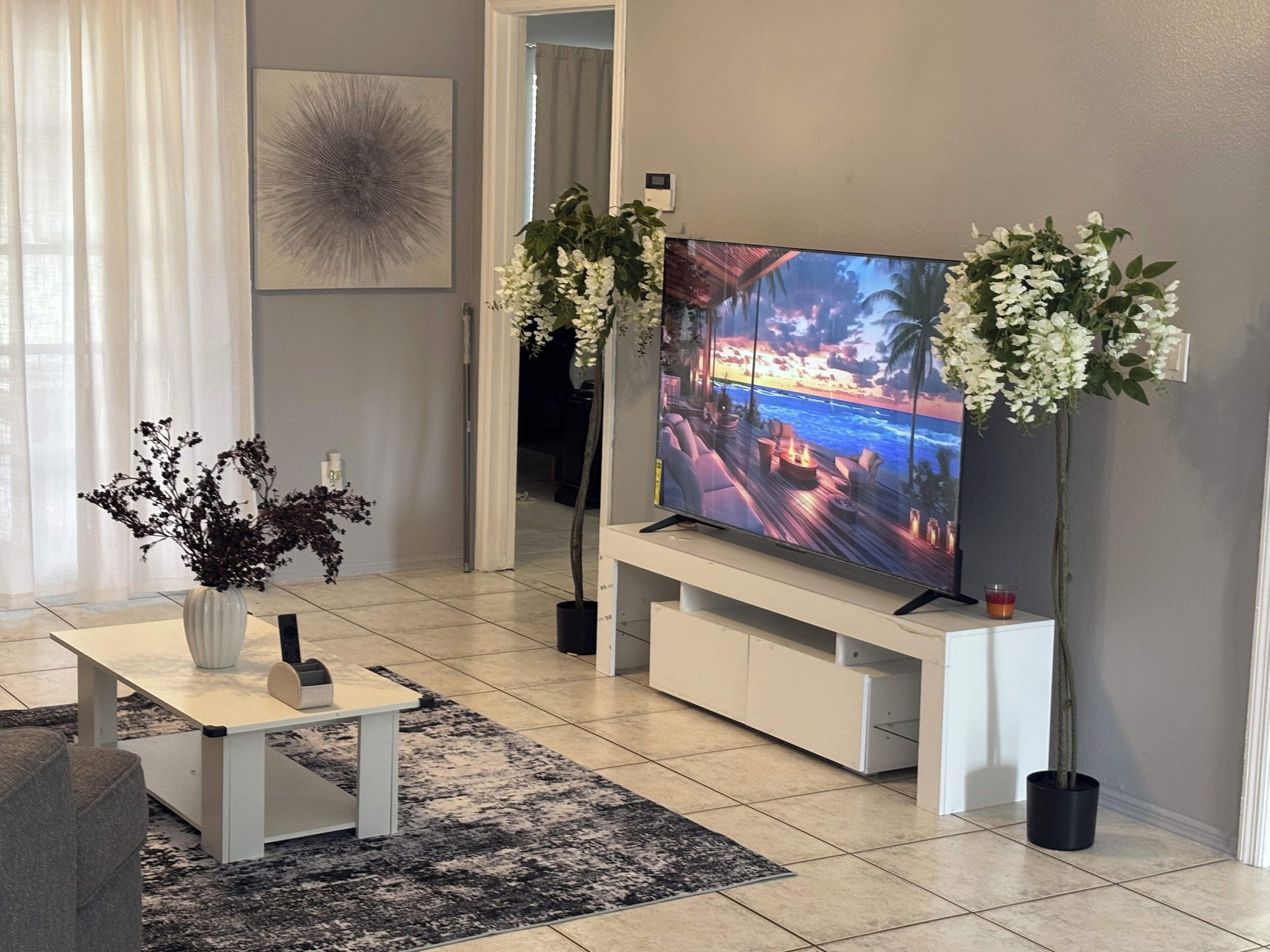 A modern living room with a flat-screen TV, a white entertainment unit, a coffee table, a black rug, and two potted plants.