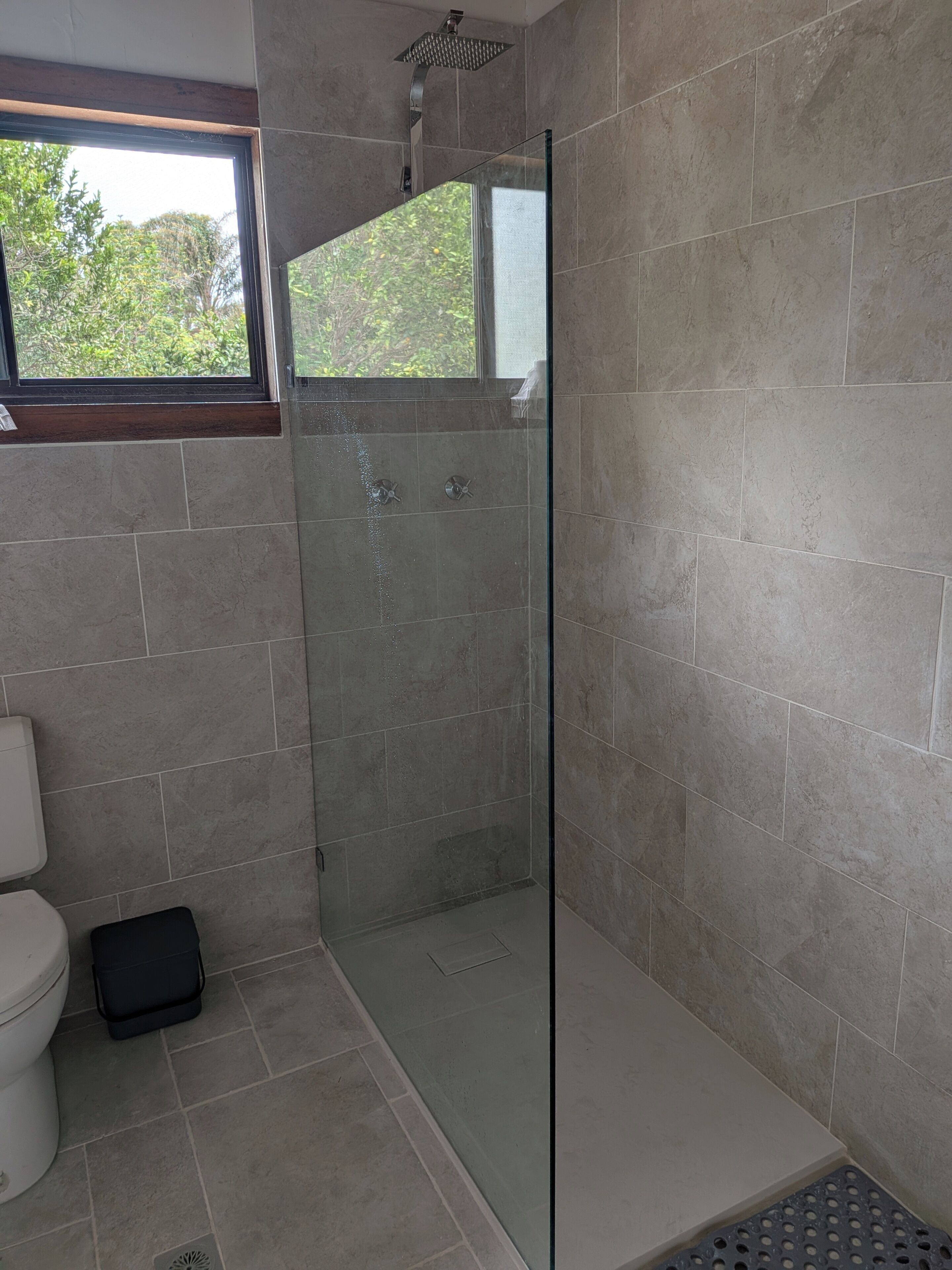 Shower, towels, soap, toilet paper