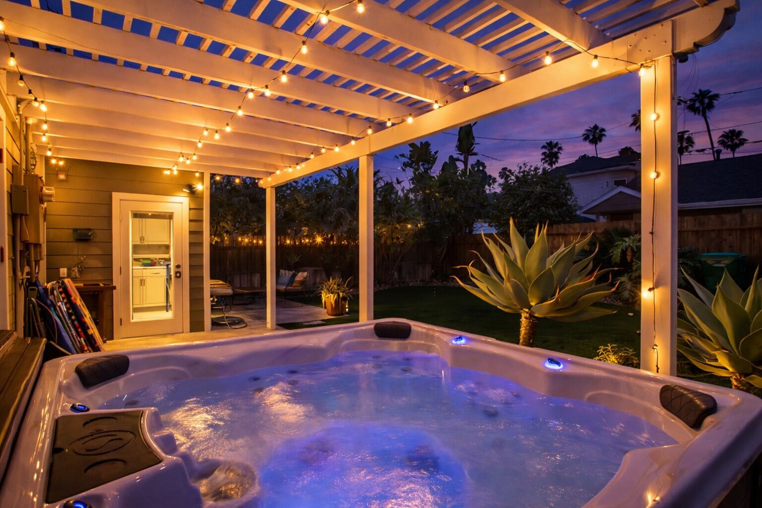 A hot tub under a covered patio with string lights, surrounded by a wooden fence and palm trees.