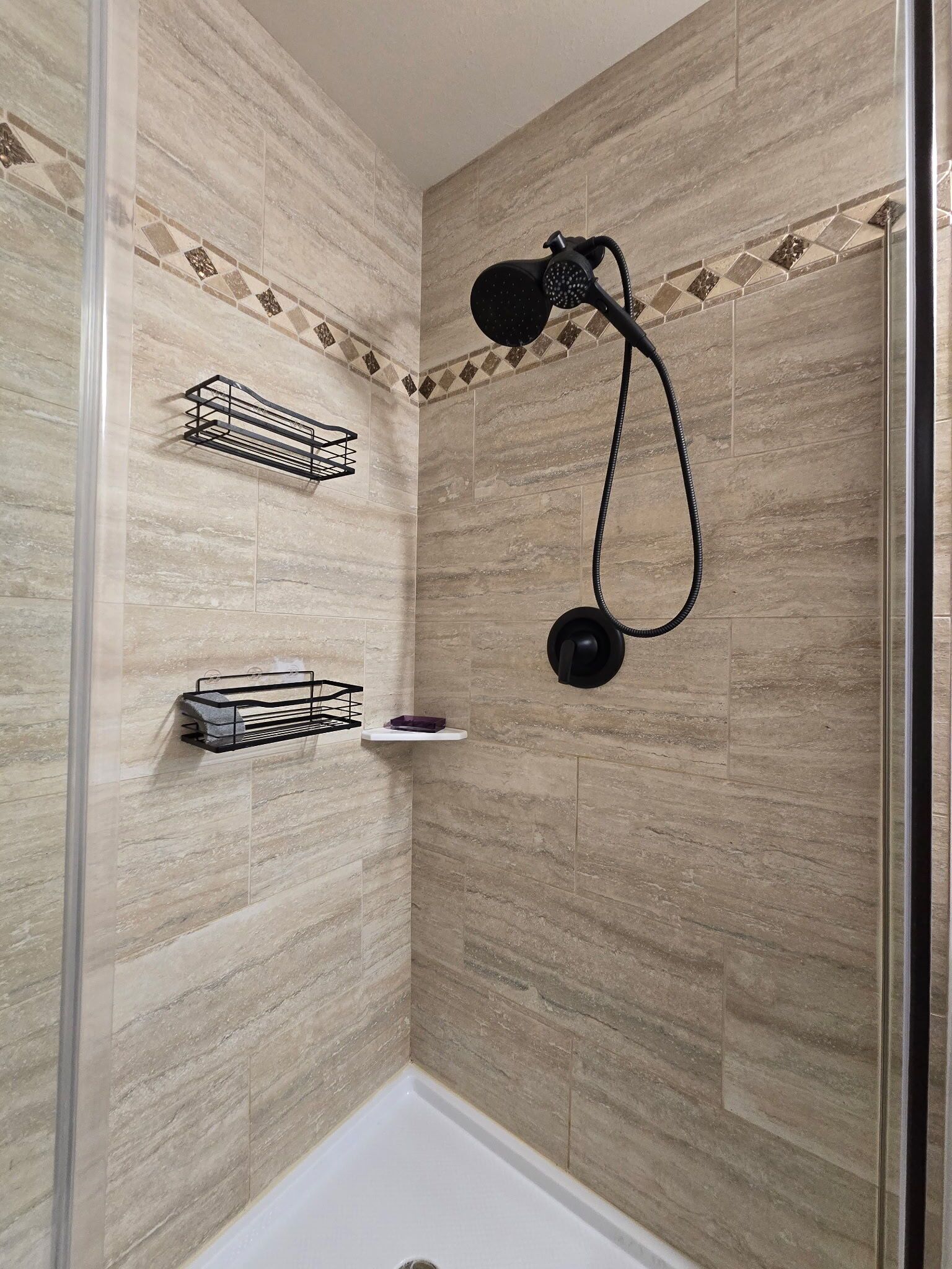 Hair dryer, towels, soap, shampoo