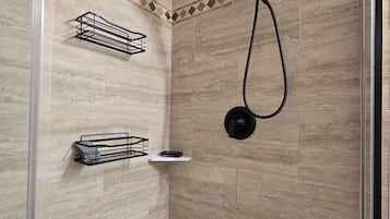 Hair dryer, towels, soap, shampoo