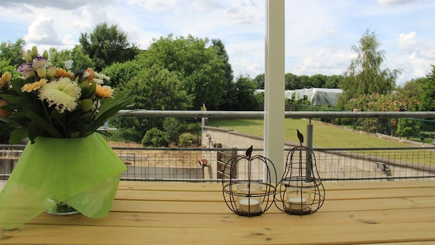Een balkon met een groene bloemenvaas, een vogelvoerder en uitzicht op een park met bomen en een hek.