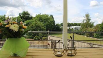 A balcony with a green vase of flowers, a bird feeder, and a view of a park with trees and a fence.
