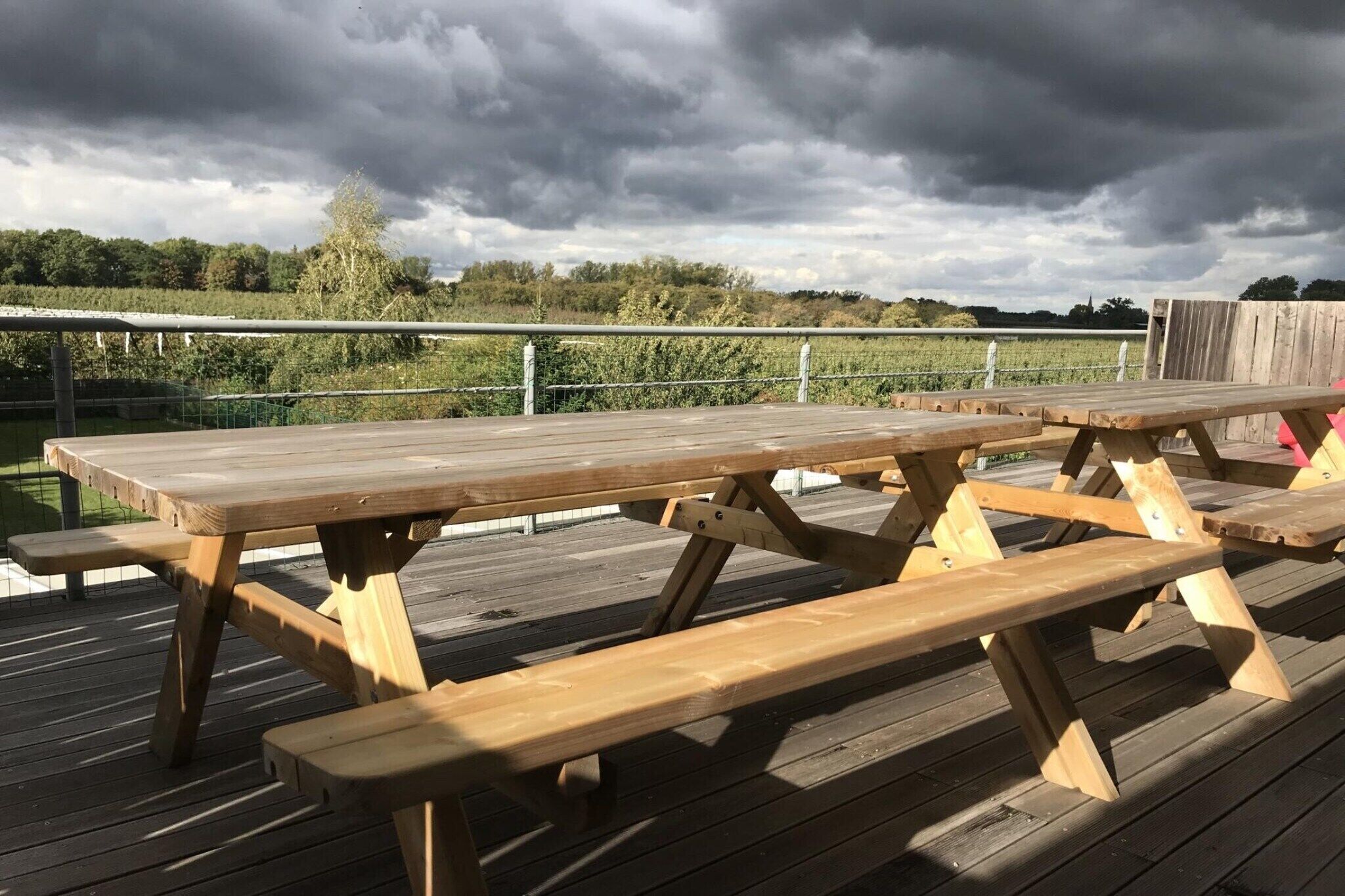 Een houten picknicktafel op een terras met een metalen hekwerk op de achtergrond.