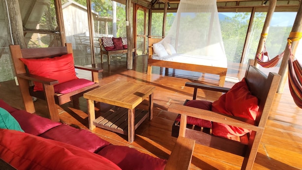 A wooden room with a bed, a hammock, and a sofa.