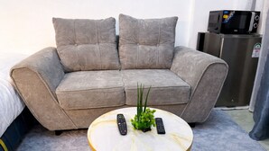 Ein graues Sofa mit zwei Kissen, ein kleiner runder Tisch mit einer Pflanze und zwei Fernbedienungen, sowie eine Mikrowelle auf einem Schrank im Hintergrund.