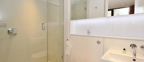 Hair dryer, bidet, towels, soap