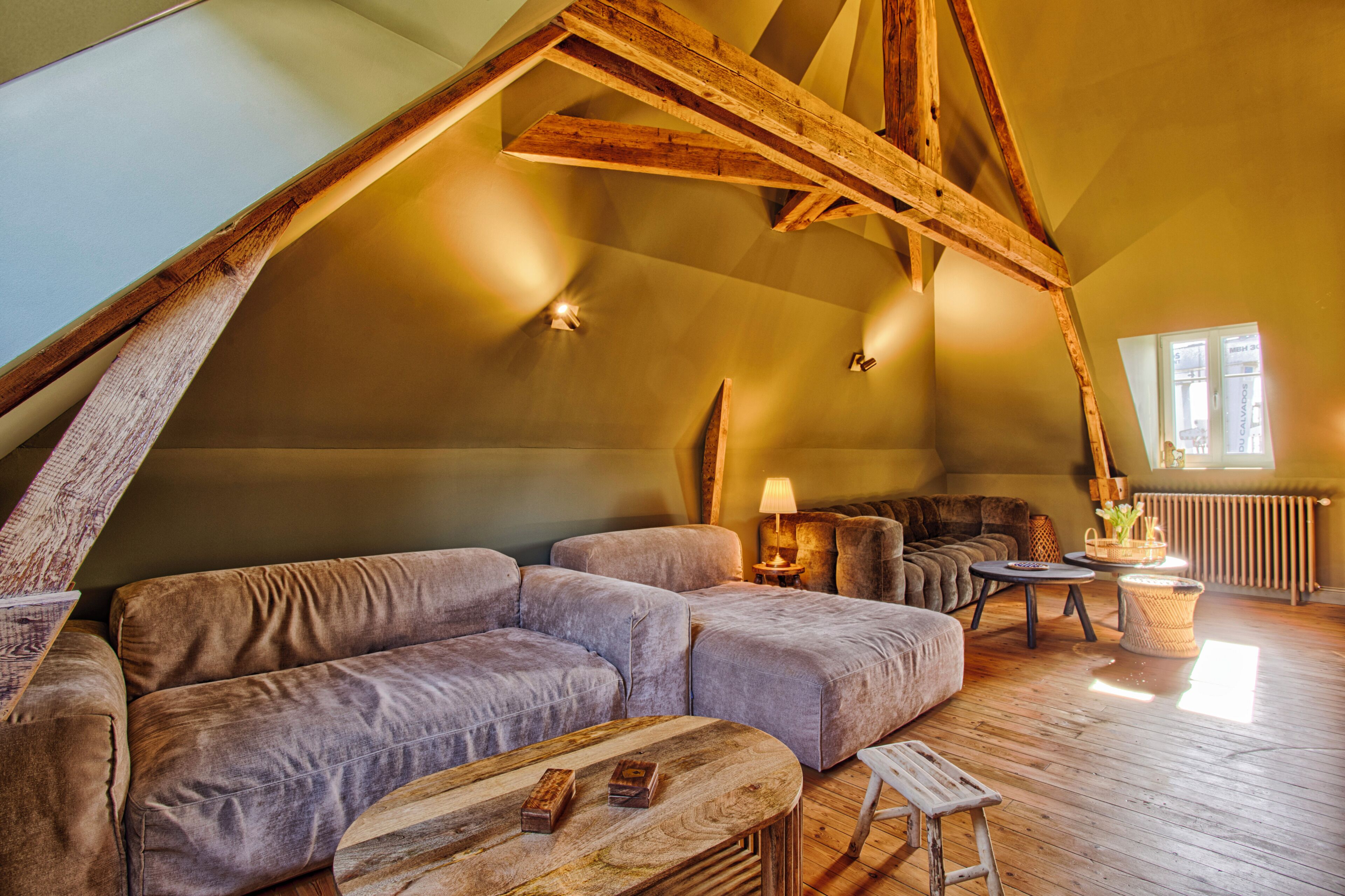 Une pièce de style « loft », avec un plafond en bois, un ensemble de canapés, une petite table et une lampe.