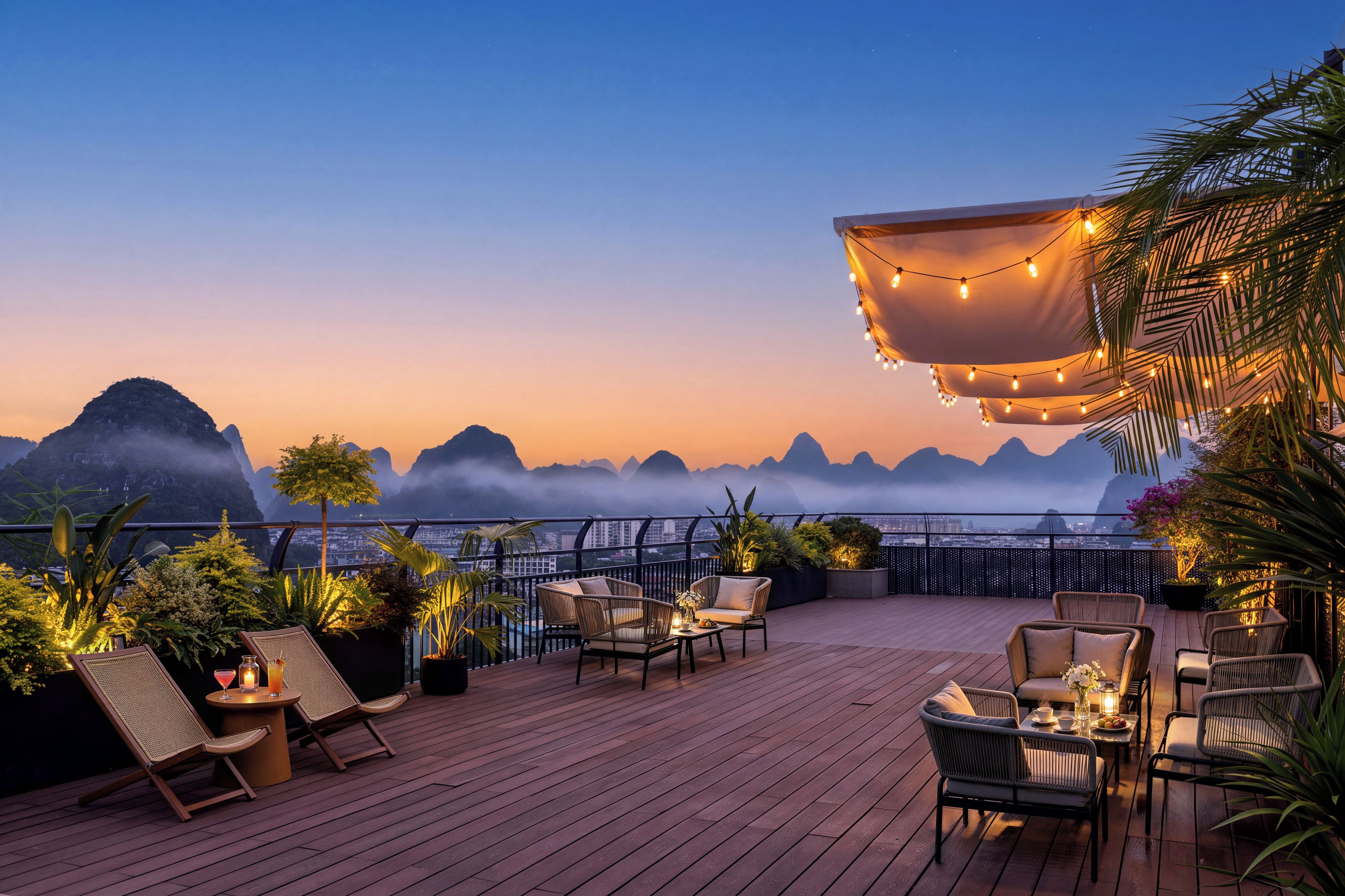 Une terrasse sur le toit avec des sièges en plein air, une vue sur le paysage urbain et un coucher de soleil.