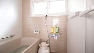 Hair dryer, bidet, towels, soap