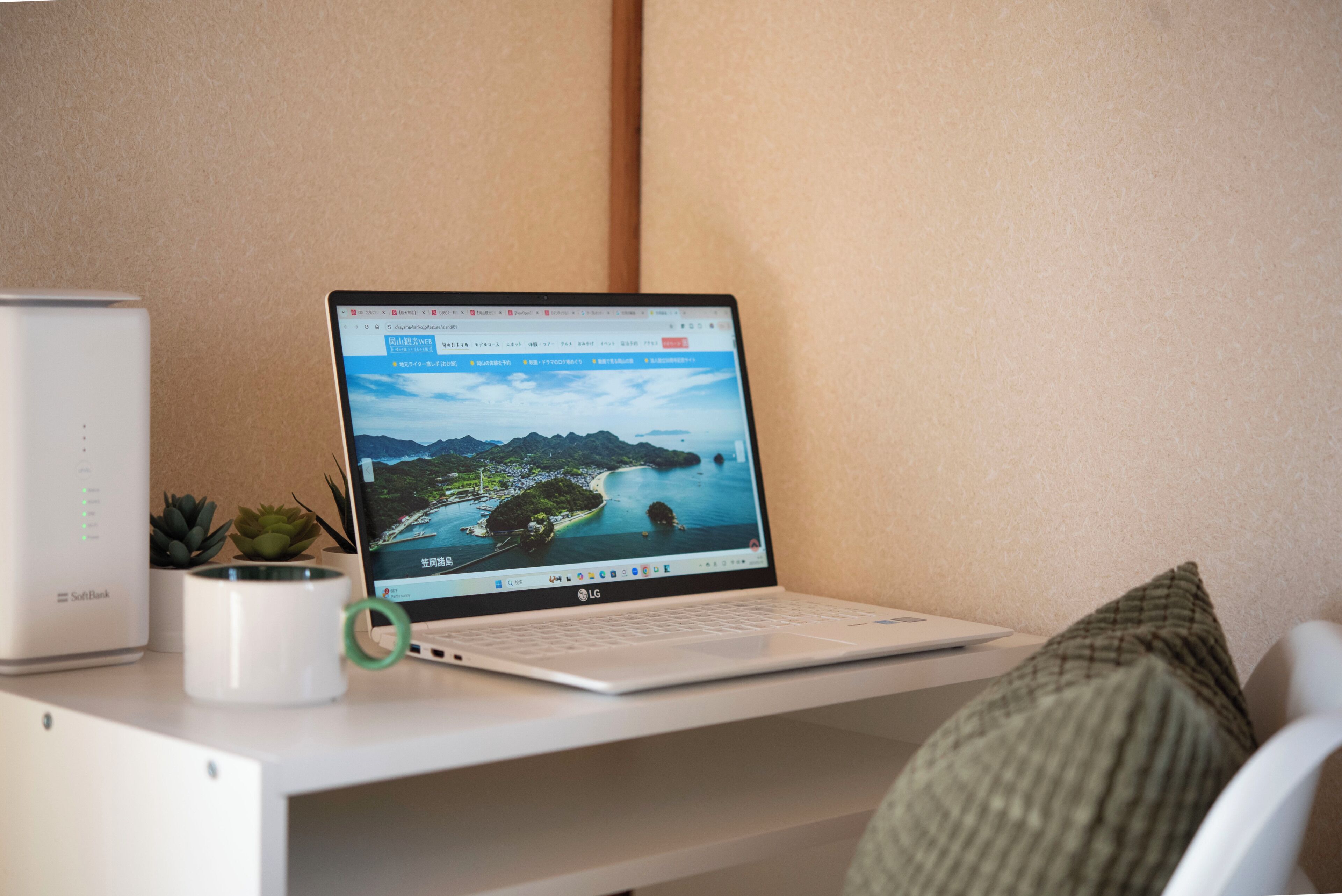 A laptop on a desk with a white mug, a small plant, and a pillow.
