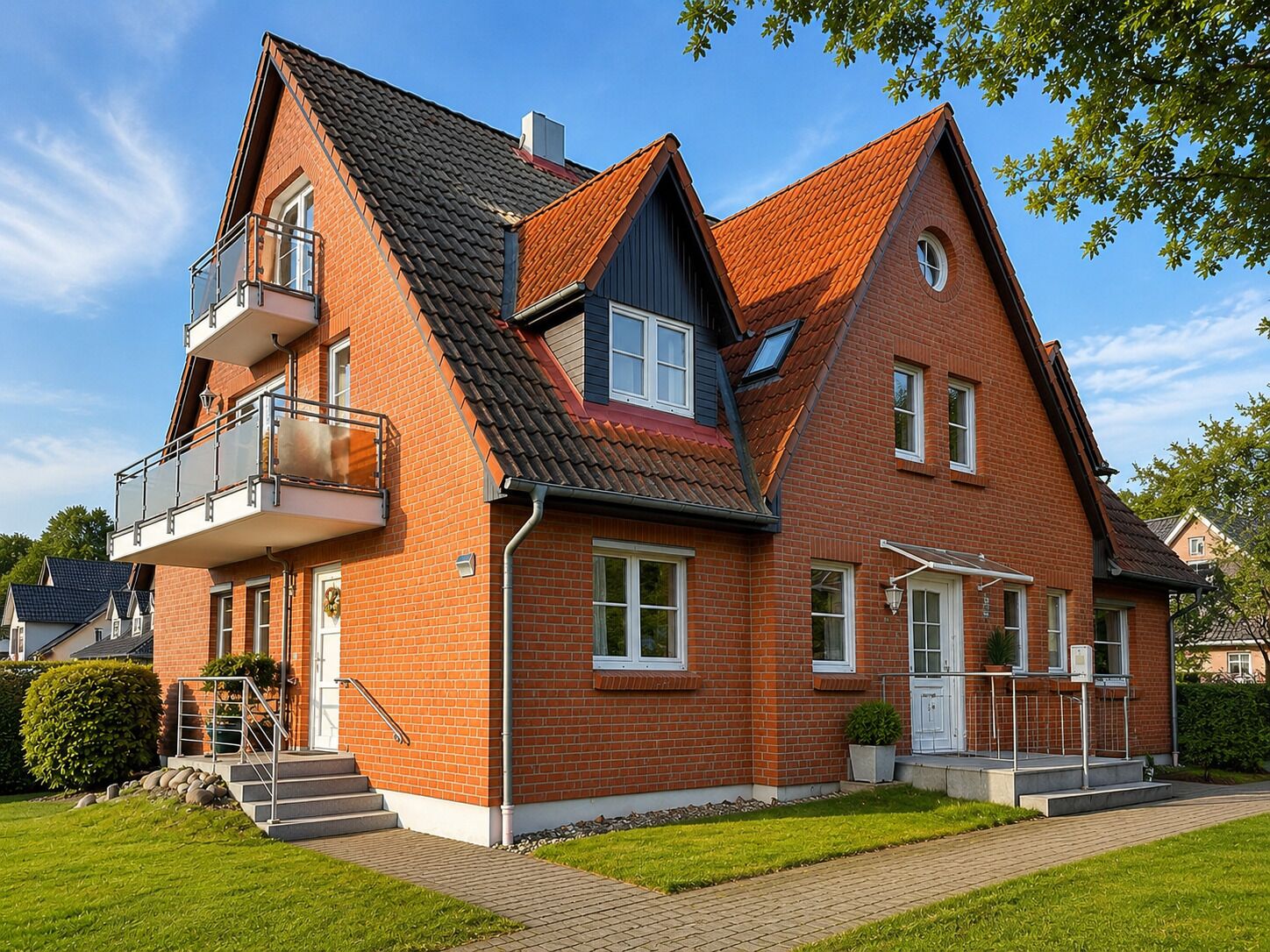 Een tweelaags bakstenen huis met balkon, een veranda en een verzorgd gazon.