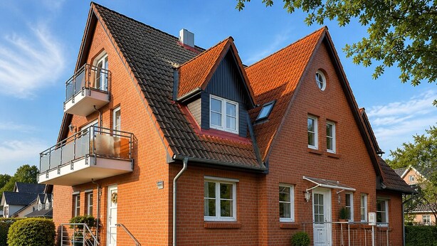 Ett tvåvåningshus i tegel med en balkong, en veranda och en välskött gräsmatta.