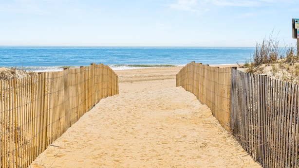A sandy beach path leading to the ocean, flanked by wooden fences. - Oceanfront Dunes Condo w/ Beach Views & Access (Ocean City)