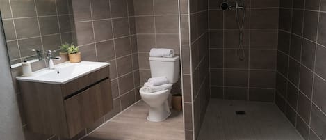 Douche, serviettes fournies, savon, papier de toilette