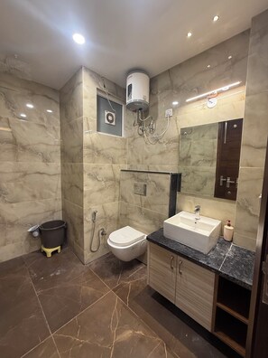 Shower, towels, toilet paper
