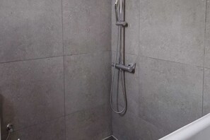 Shower, towels, toilet paper