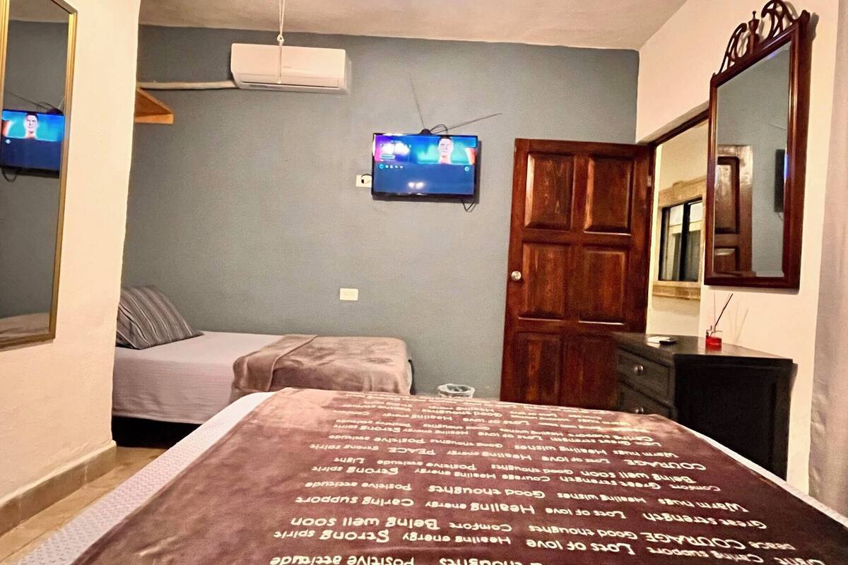 A bedroom with a bed, a TV, a wooden wardrobe, and a mirror.