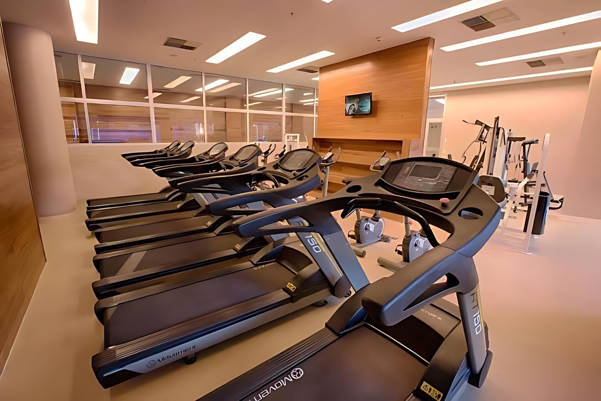 A gym with multiple treadmills, exercise bikes, and a wooden wall with a TV.