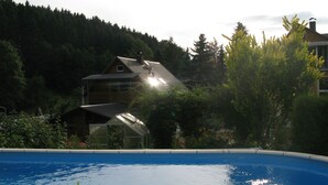 A swimming pool surrounded by greenery, with a house and forest in the background.