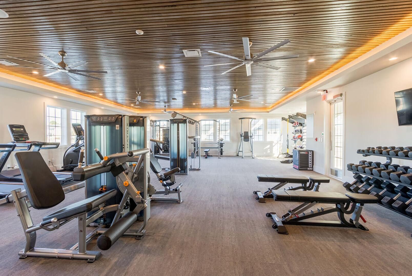 A gym with treadmills, weight machines, and dumbbells.