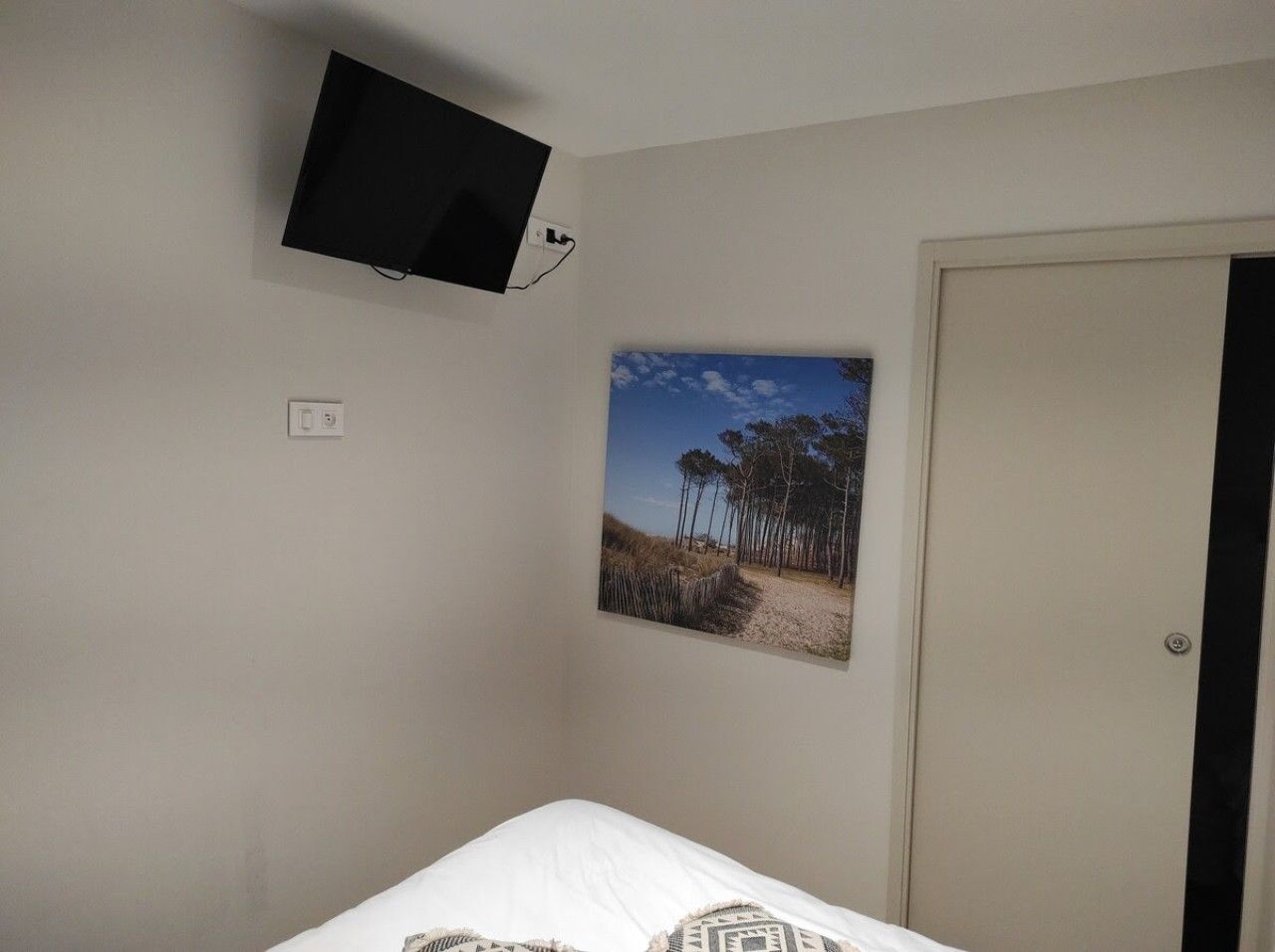 A bedroom with a bed, a wall-mounted TV, a door, and a framed picture of a landscape.