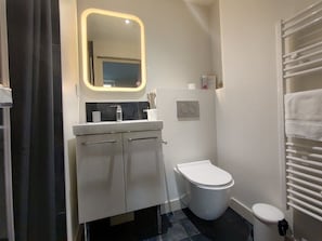 A bathroom with a toilet, a sink with a mirror, and a towel rack.